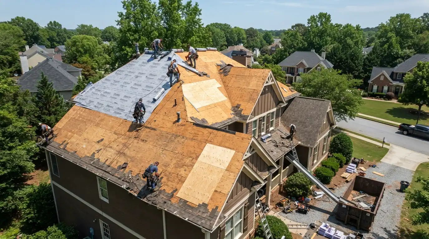 Roof torn off to the deck before new underlayment