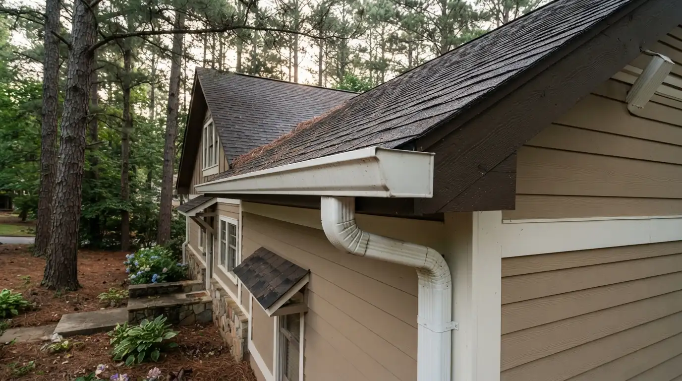 6-inch gutter and oversized downspout under pines