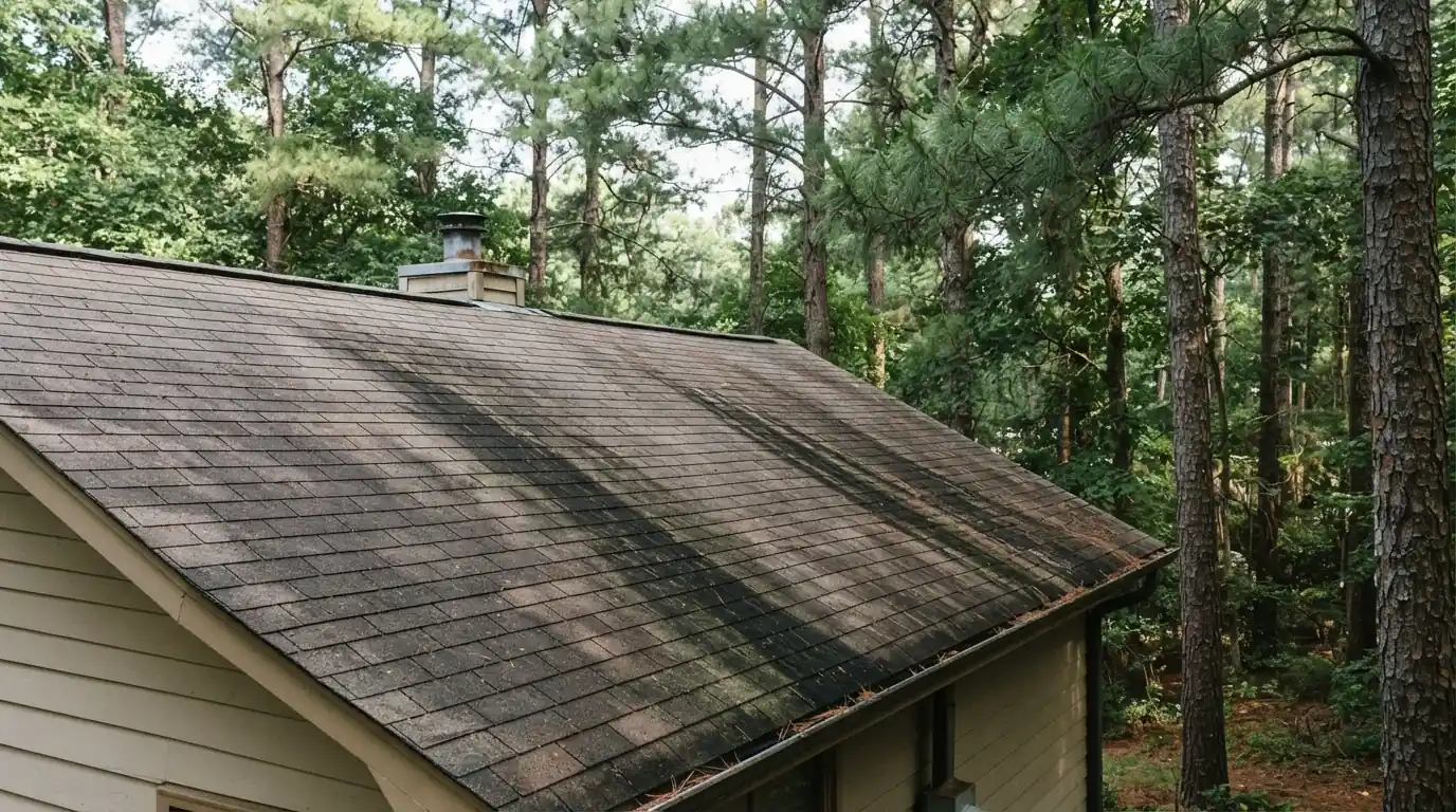 Algae streaks on a shaded Atlanta roof