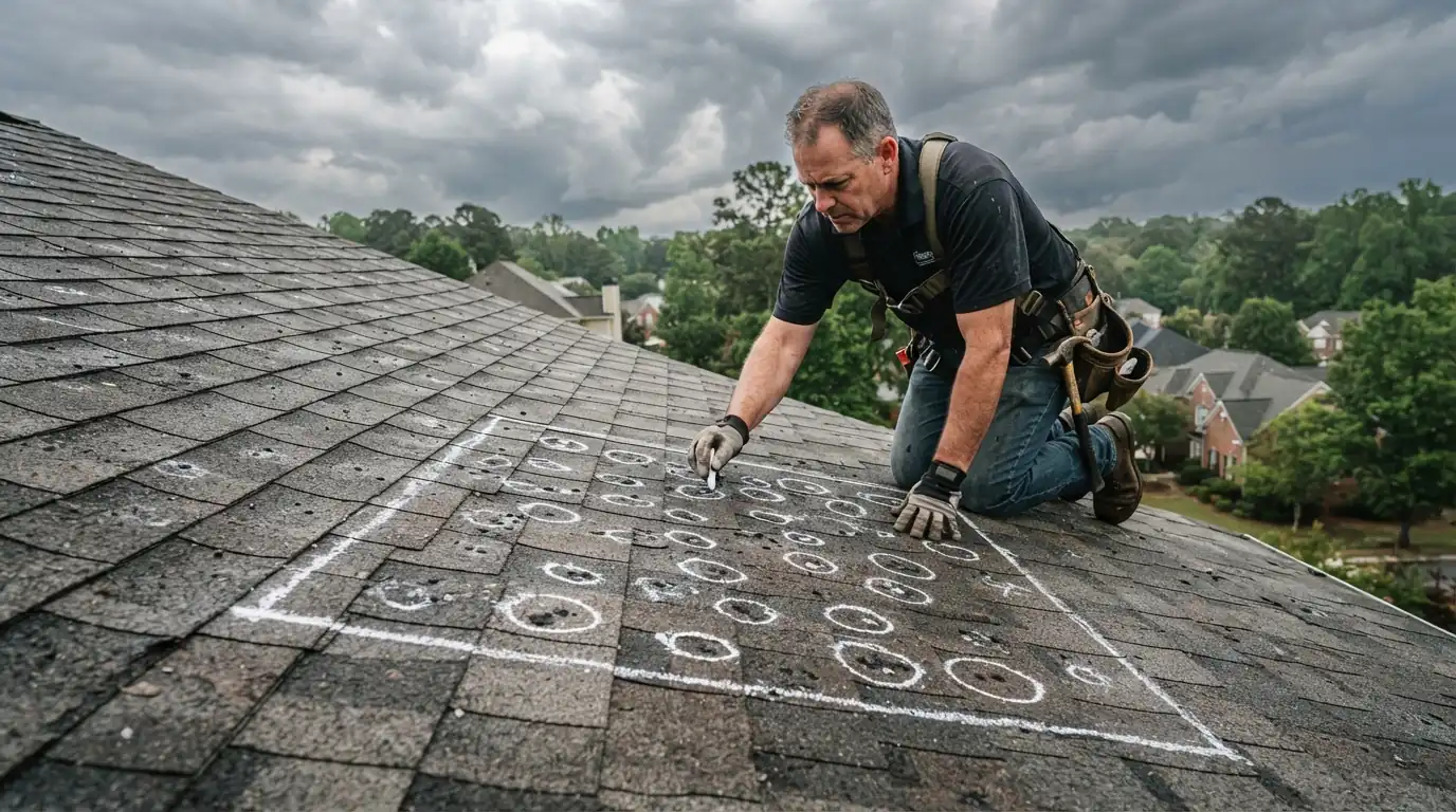 Hail test square marked on an Atlanta roof