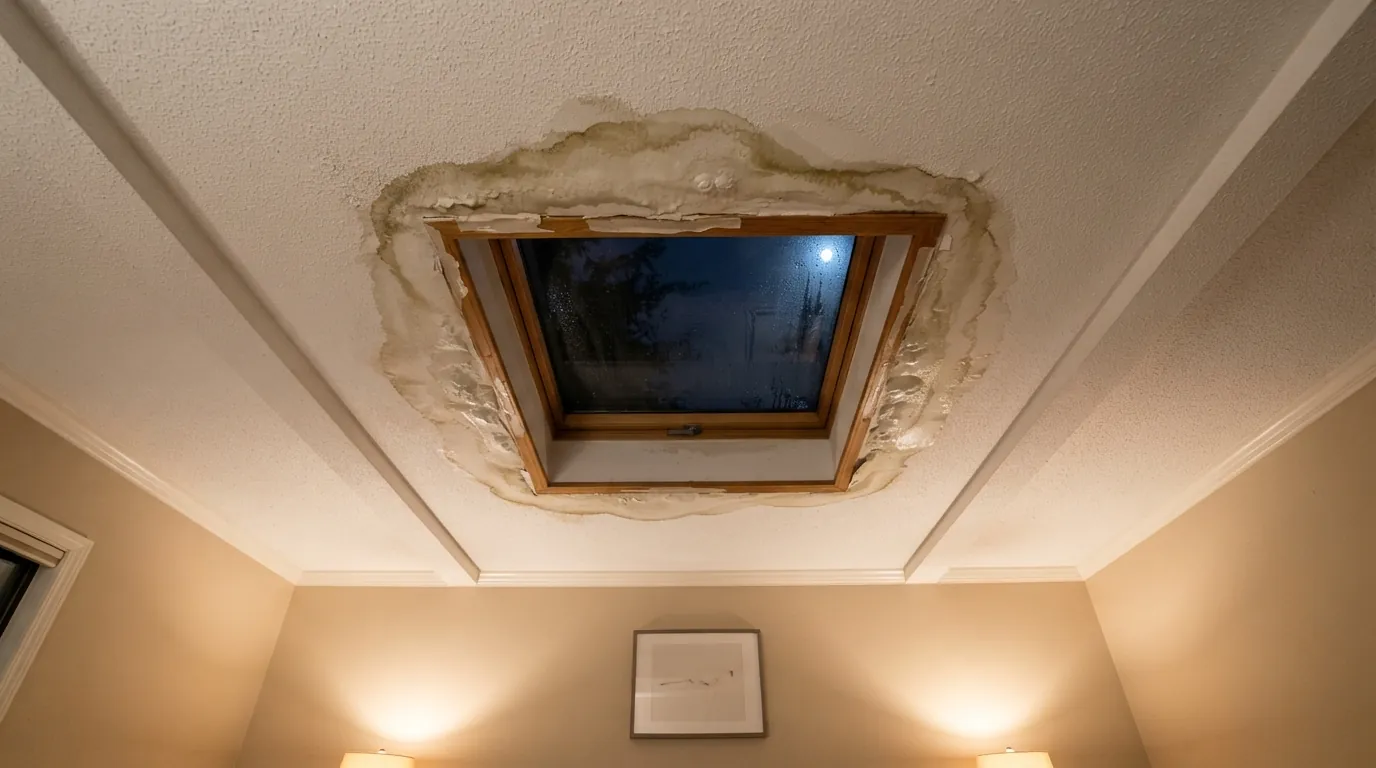 Water stain spreading on a ceiling below a skylight