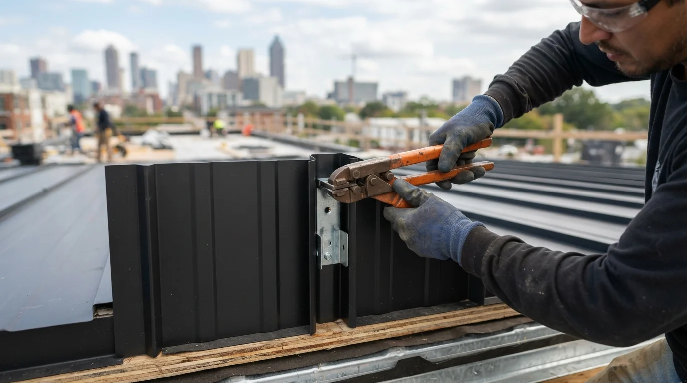 Standing seam panels being locked over hidden clips