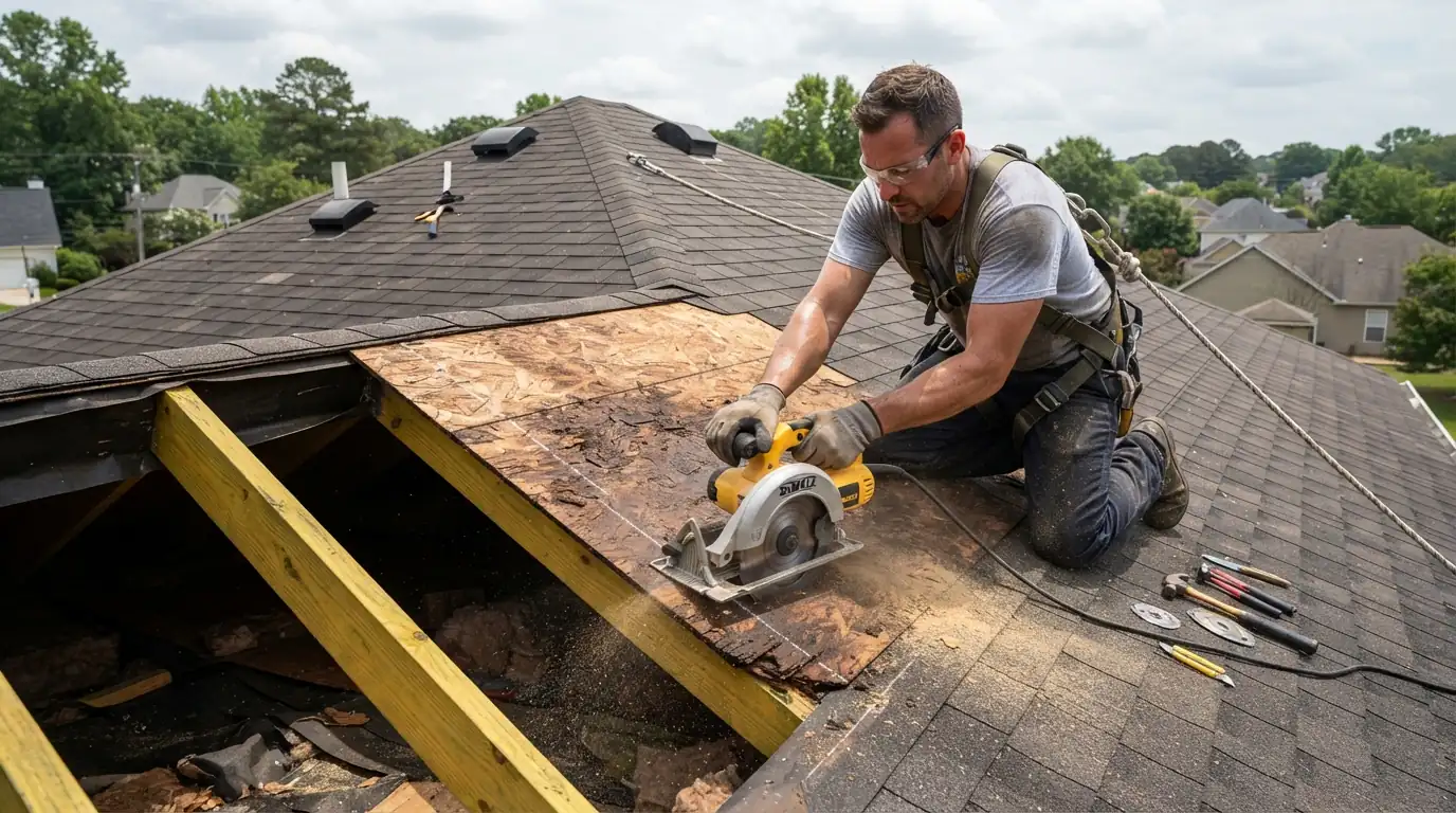 Rotten sheathing cut back to solid rafters