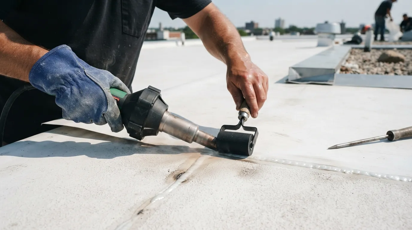 Heat-welded TPO seam on an Atlanta low-slope roof