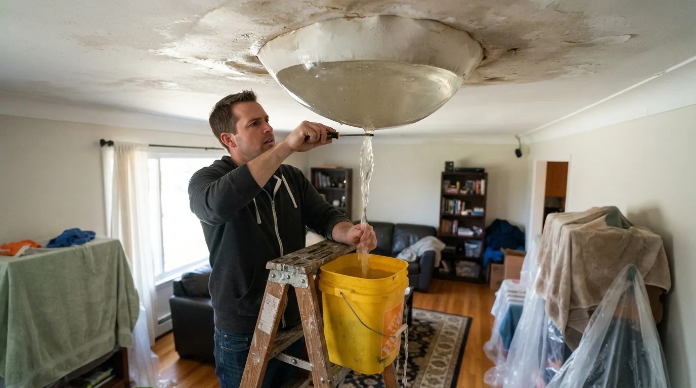Draining a bulging ceiling during a roof leak