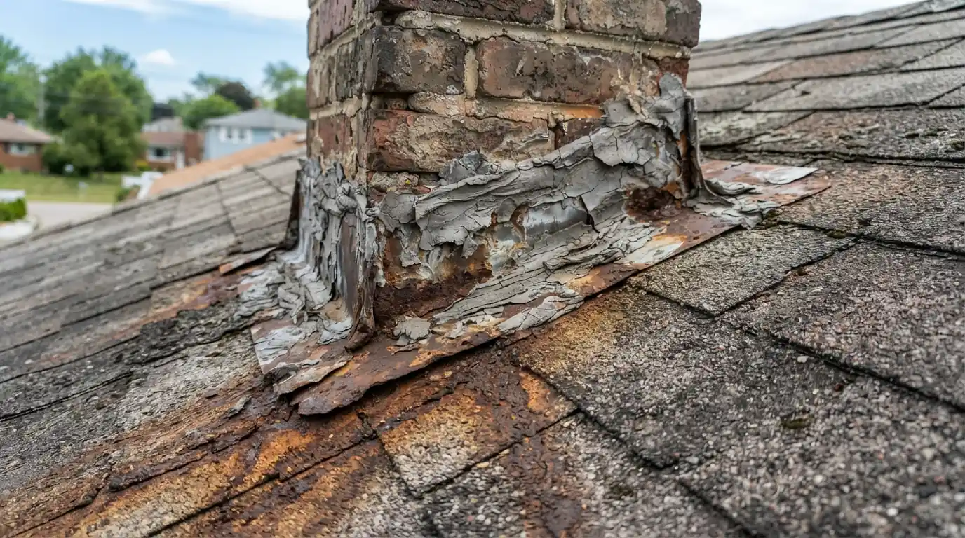 Caulked chimney flashing that failed