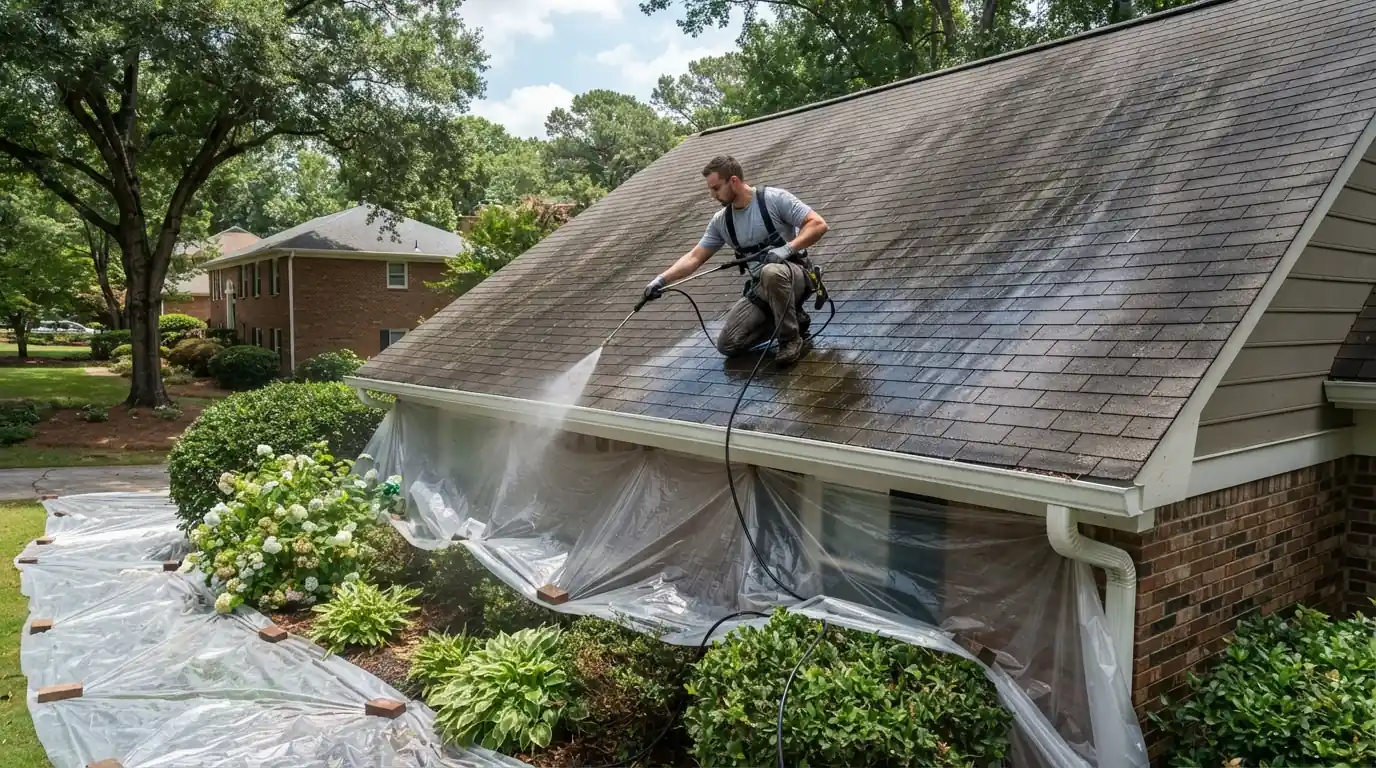 Soft wash removing roof algae safely