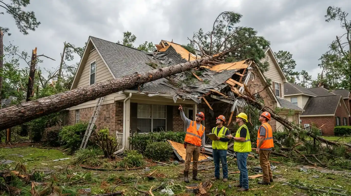 Pine tree on an Atlanta roof after a storm