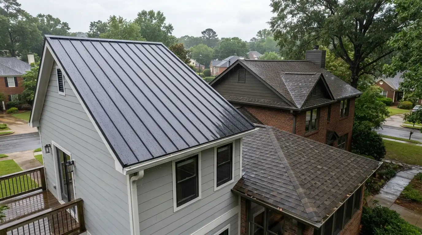 Metal and shingle roofs side by side after rain