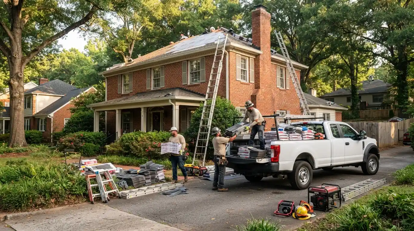 Roofing crew arriving at an Atlanta job