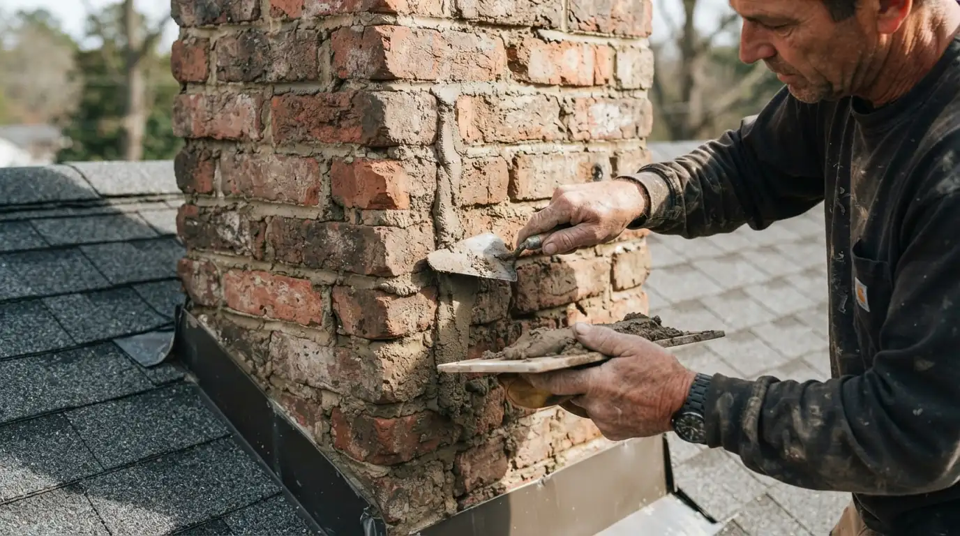 Chimney mortar repointed above the roofline