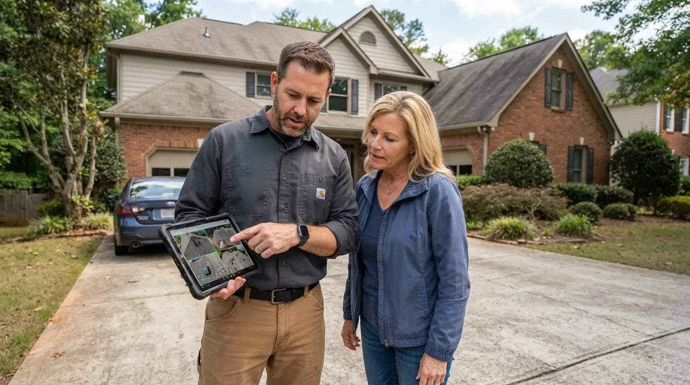 Reviewing roof inspection photos with a homeowner