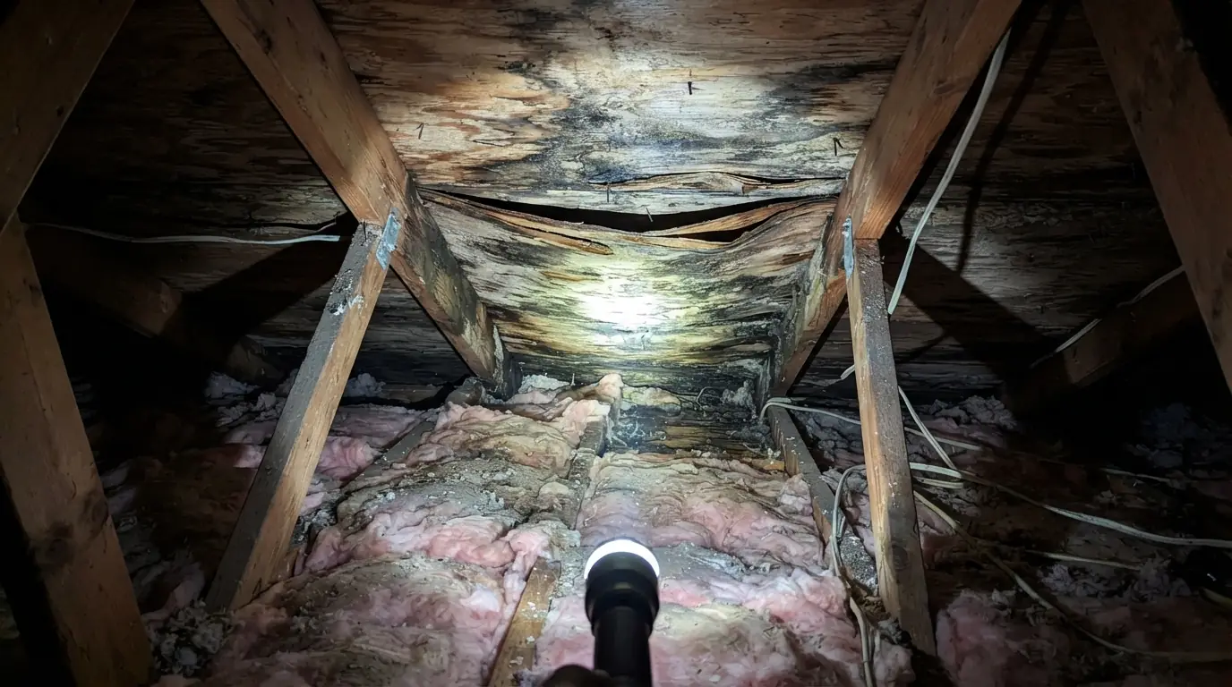 Soft spot in roof decking seen from an Atlanta attic
