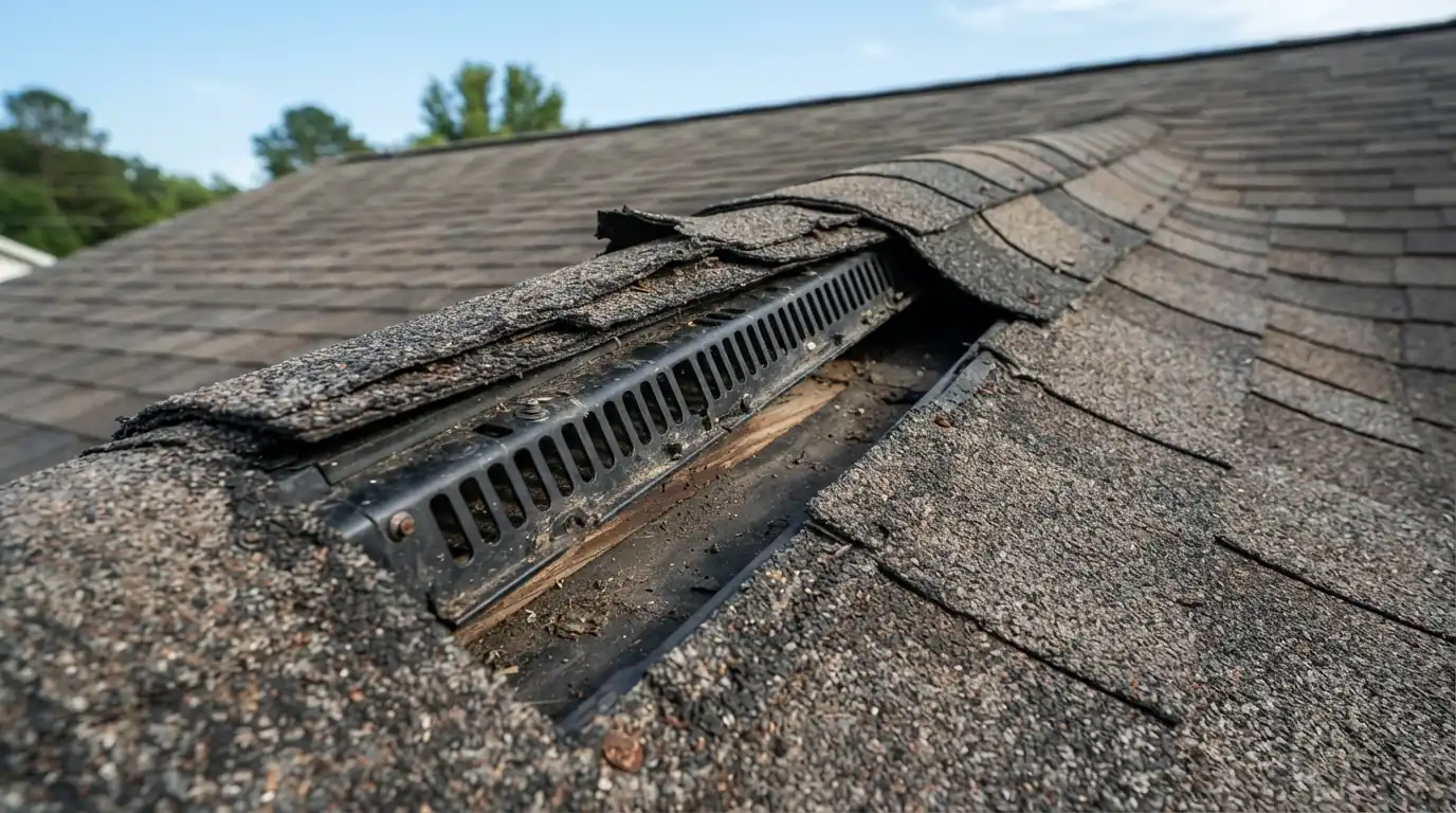 Ridge vent section missing its cap shingles