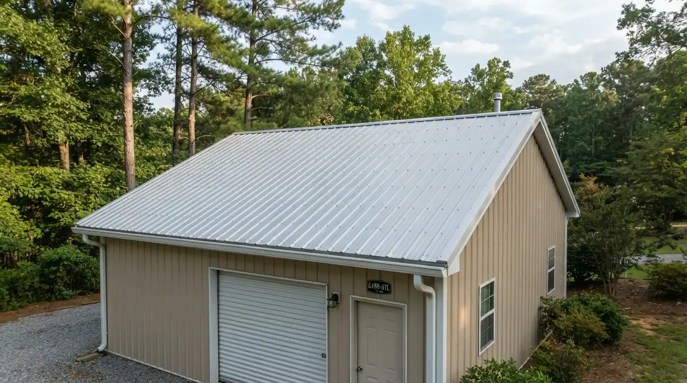 Exposed-fastener metal roof on a workshop