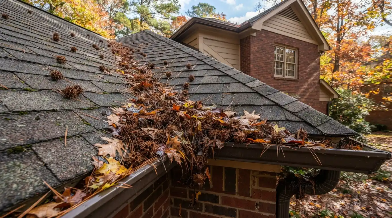 Pine needles and sweetgum balls clogging a roof valley and gutter