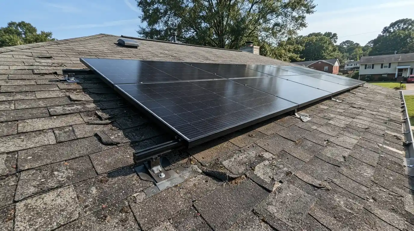 Solar panels on an aging shingle roof
