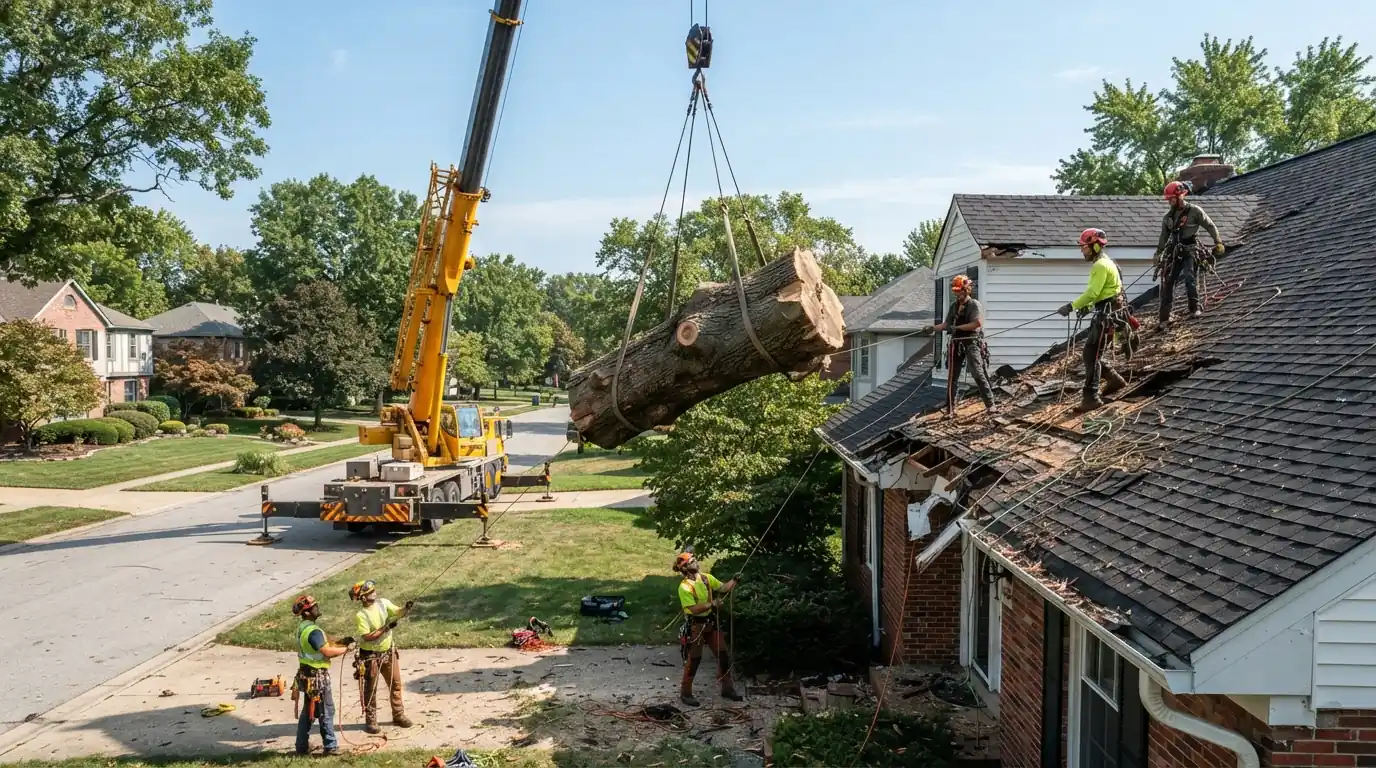 Crane lifting a tree off a damaged roof
