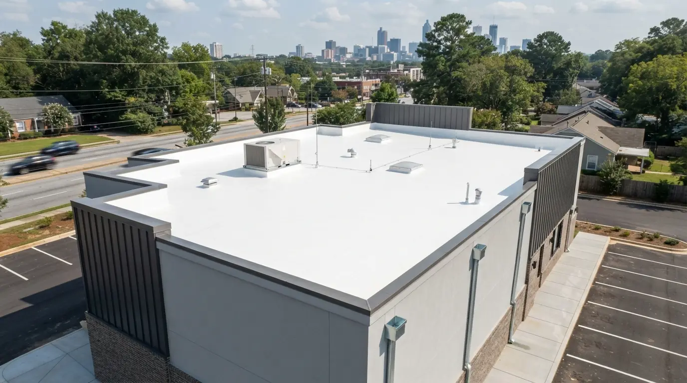 Completed TPO flat roof on a small Atlanta commercial building