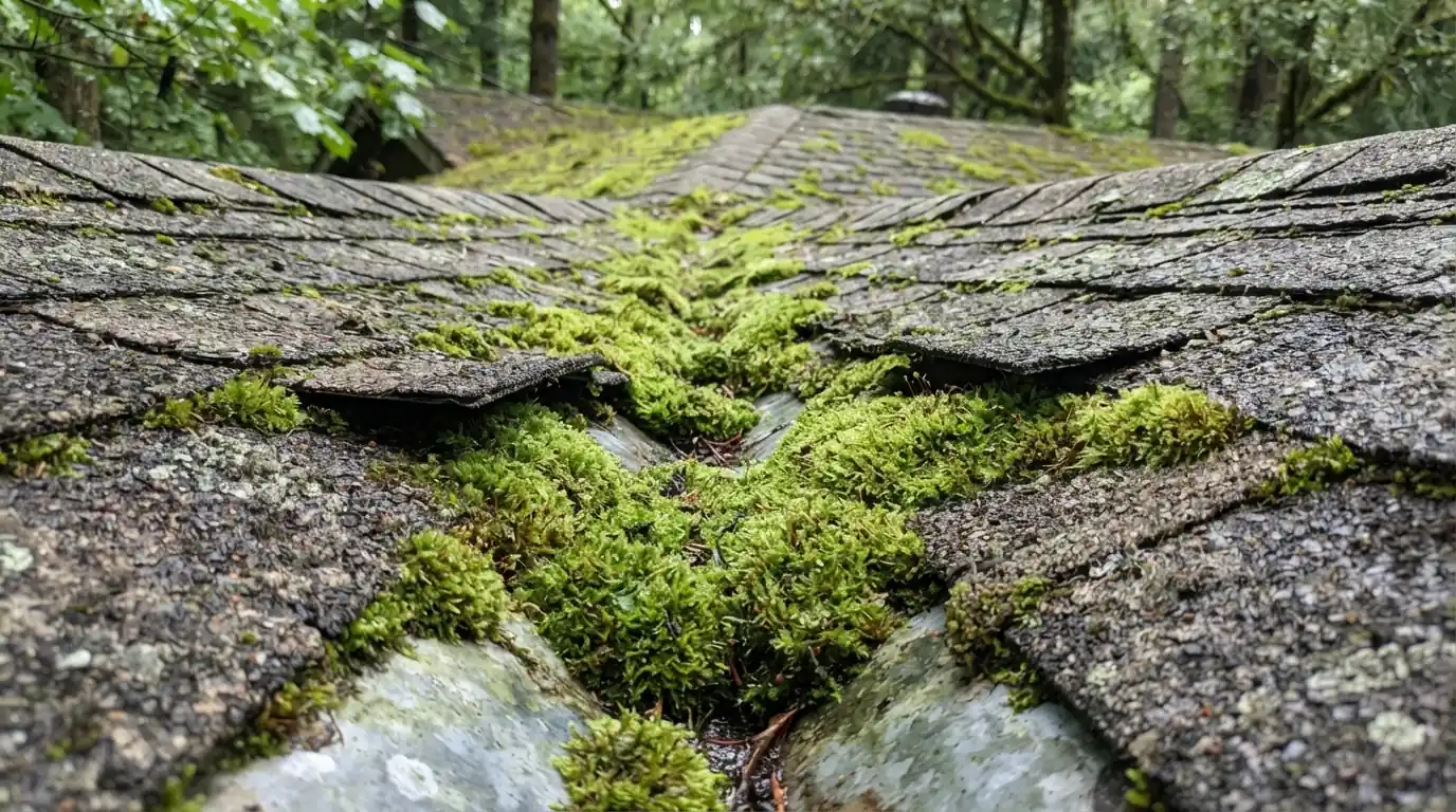 Moss lifting shingles in a roof valley
