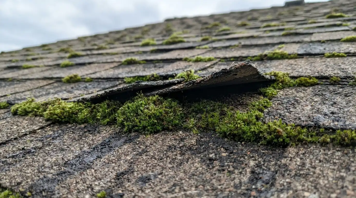 Moss lifting shingles after algae took hold