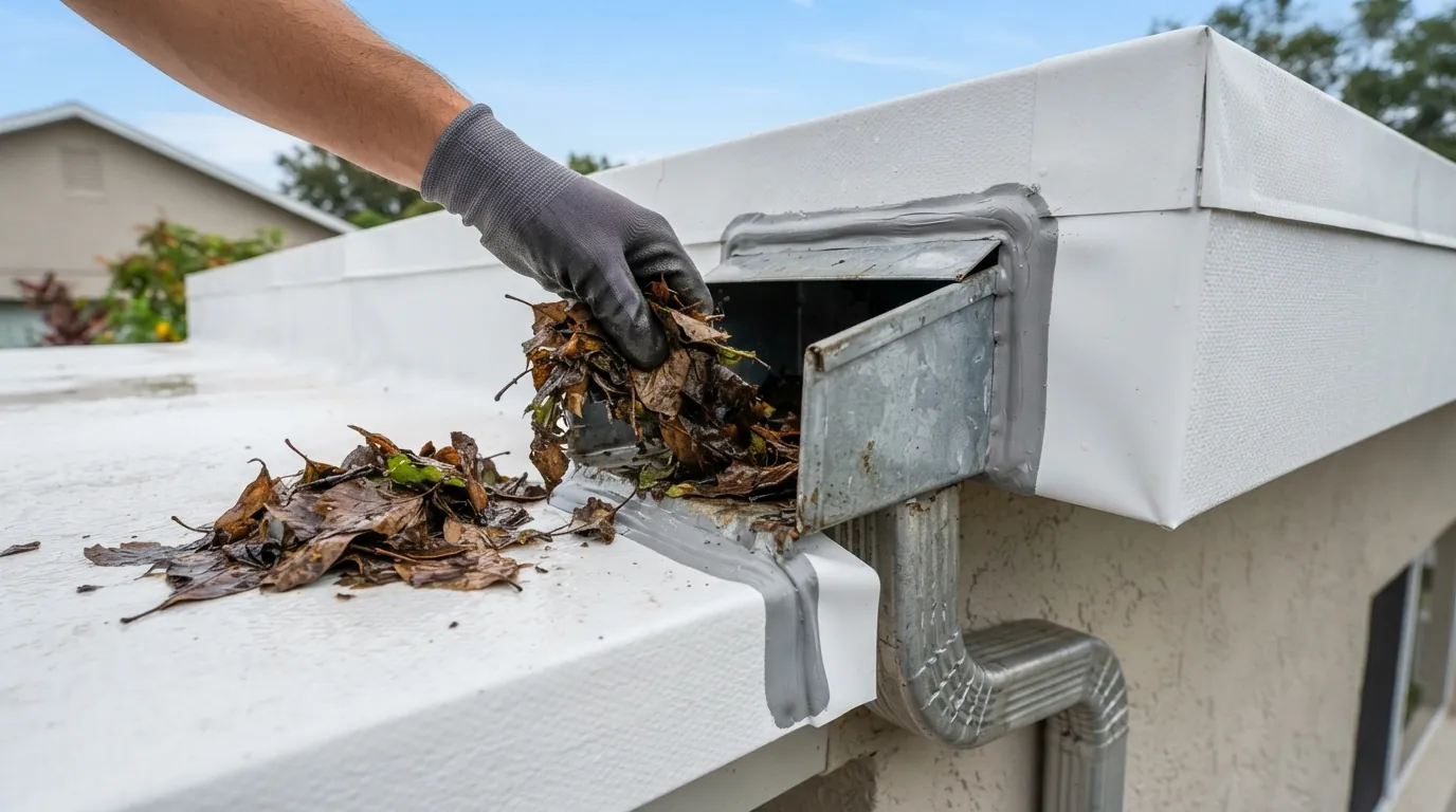 Flat roof scupper cleared and re-flashed