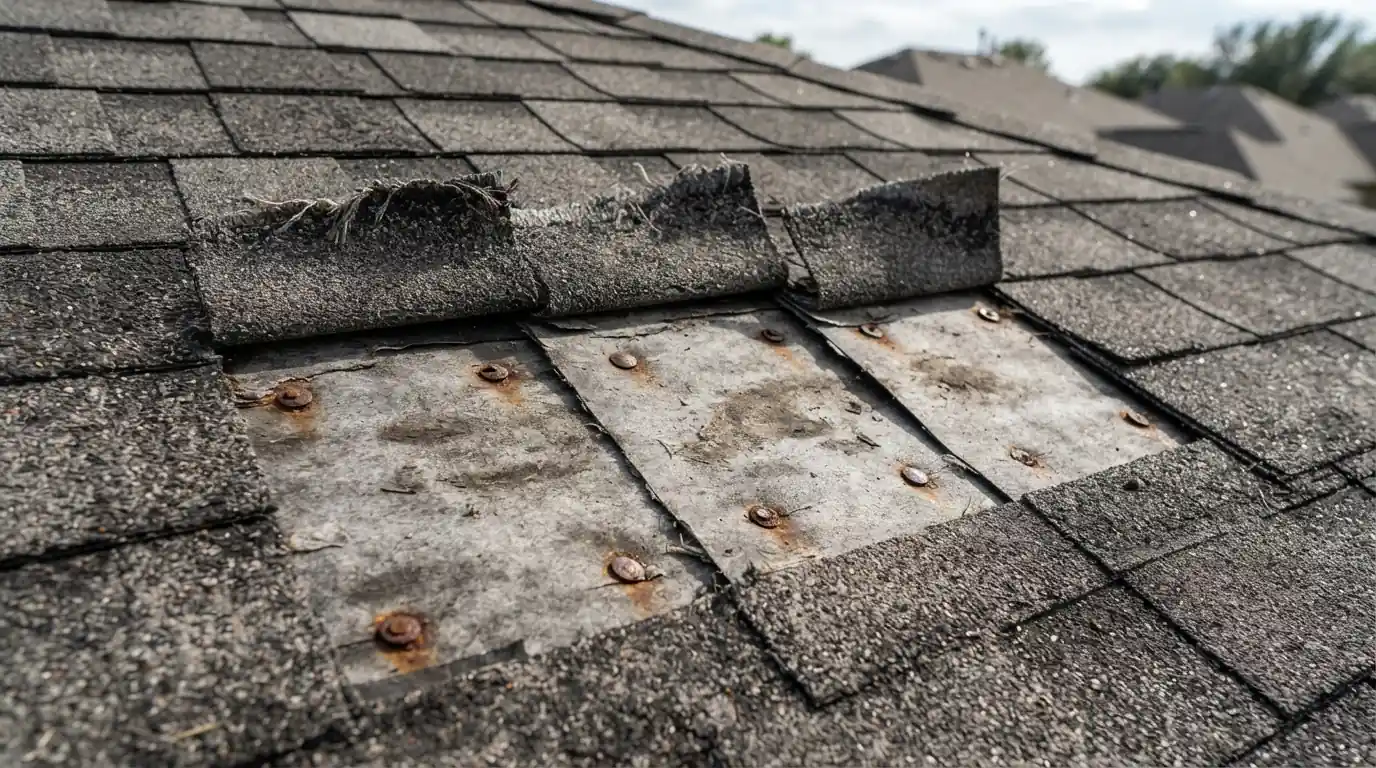 Missing shingles exposing underlayment on an Atlanta home
