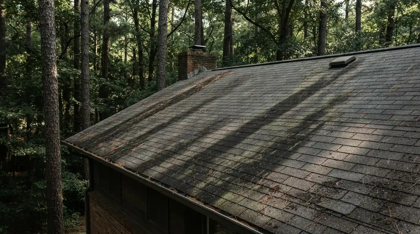 Algae streaks on a shaded Atlanta roof