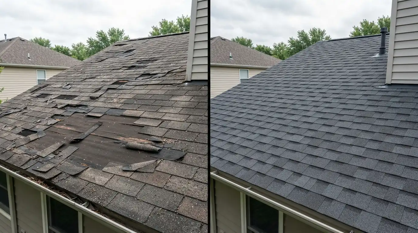 Storm-damaged roof section before and after repair