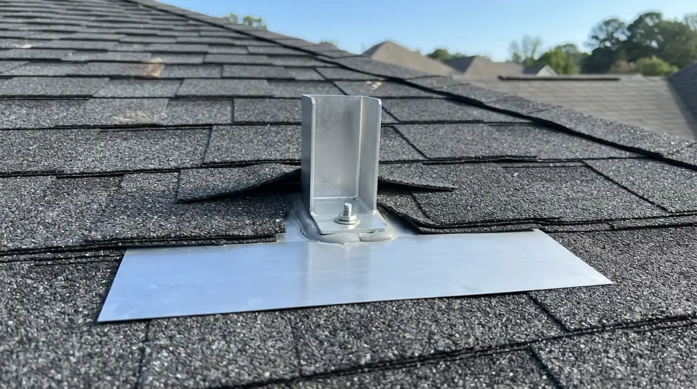 Flashed solar mount on a new shingle roof