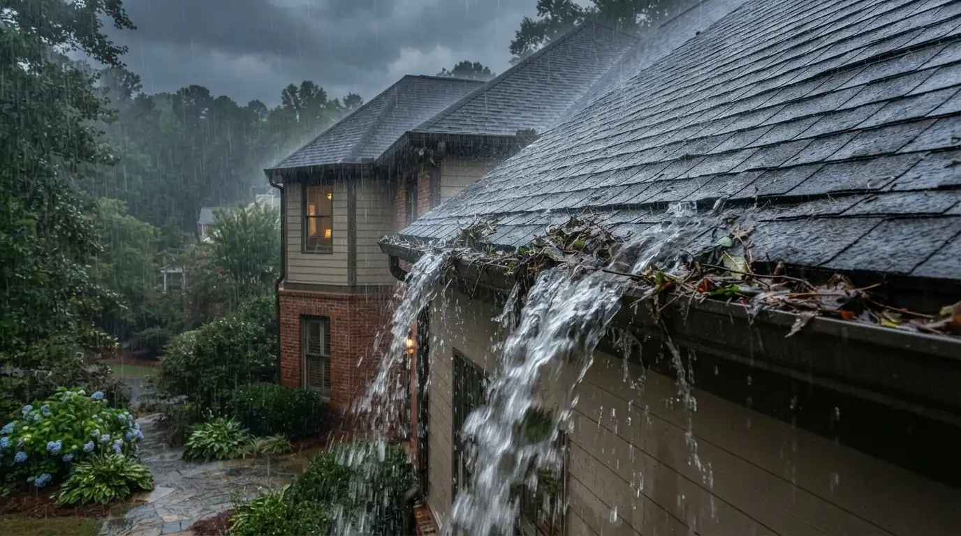 Undersized gutter overflowing in an Atlanta storm