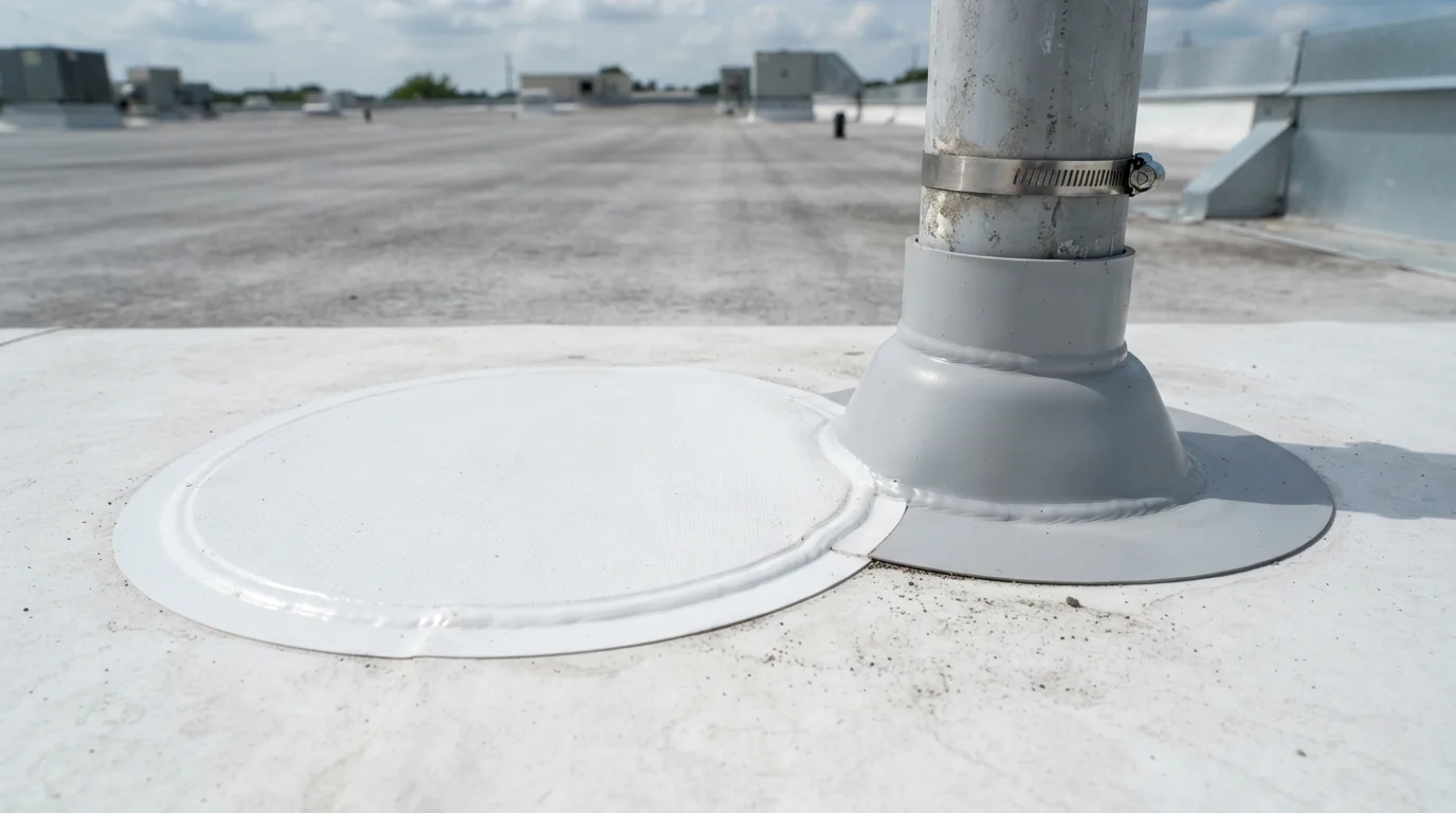 Welded TPO patch over a commercial roof leak
