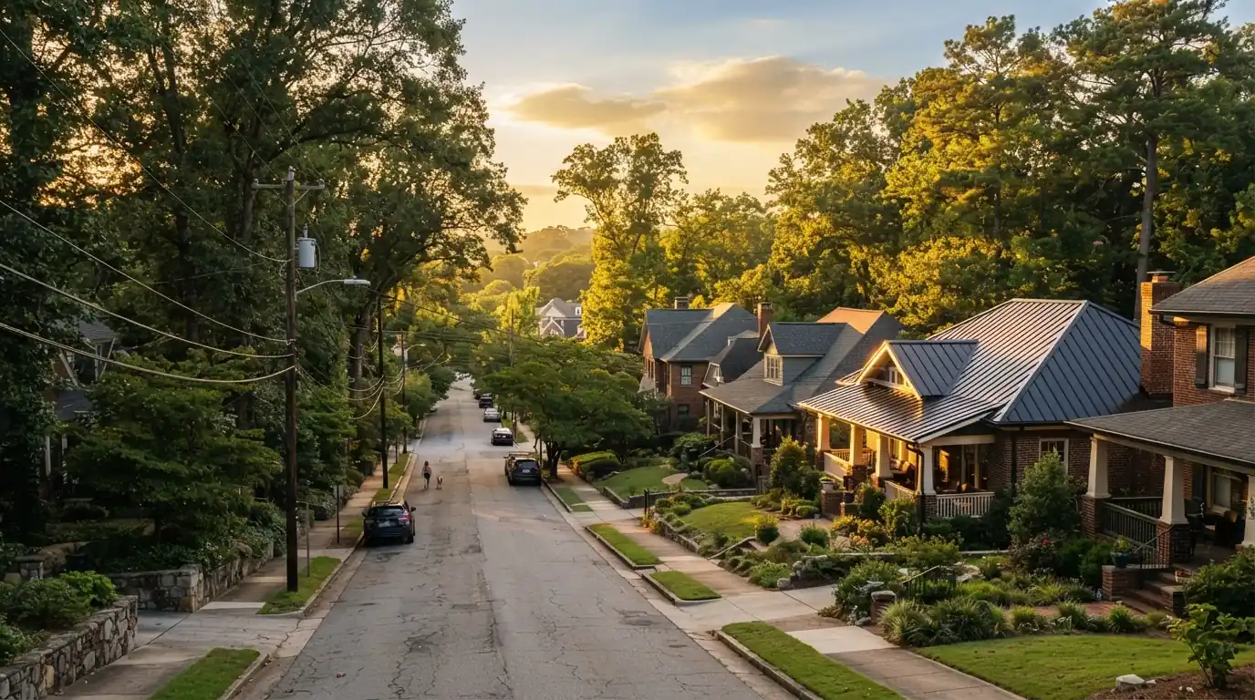 Street of freshly restored roofs at golden hour