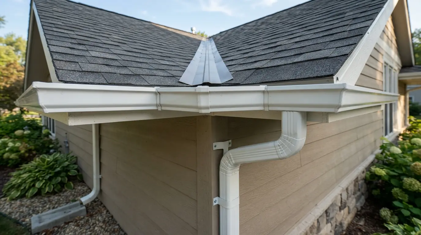 Oversized gutter and downspout at a valley corner