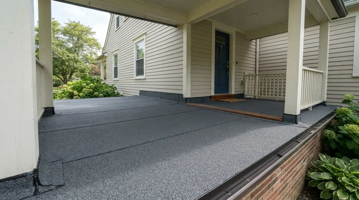 Modified bitumen porch roof tied into a shingled main roof