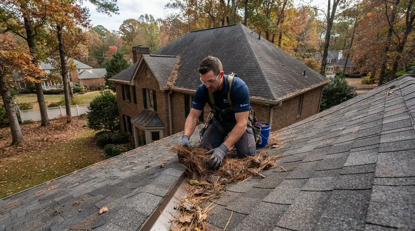 Pine needles cleared from a roof valley in Atlanta