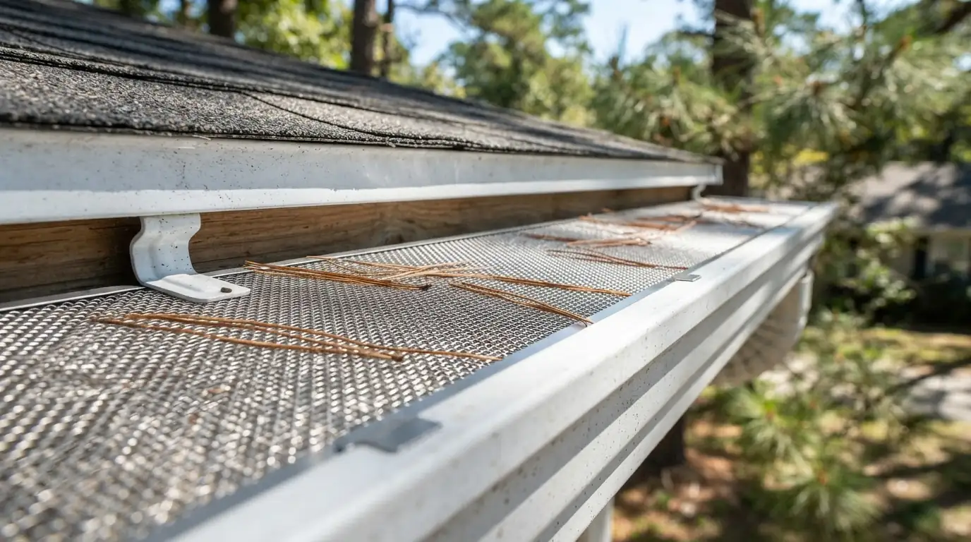 Micro-mesh gutter guard holding pine needles off an Atlanta gutter