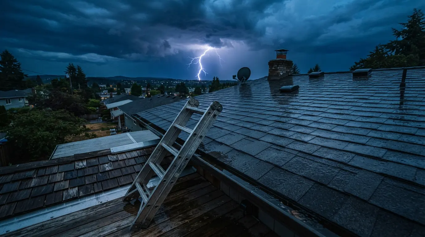 Wet roof at night during an Atlanta storm