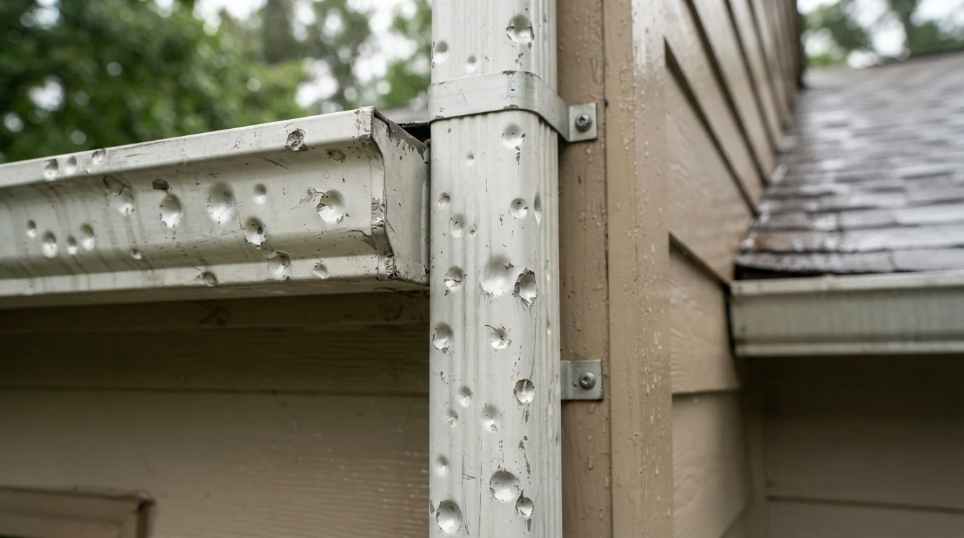 Hail dents on a downspout after an Atlanta storm
