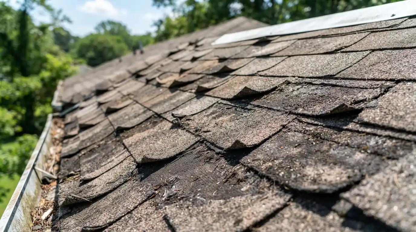 Curling shingles on an aging Georgia roof