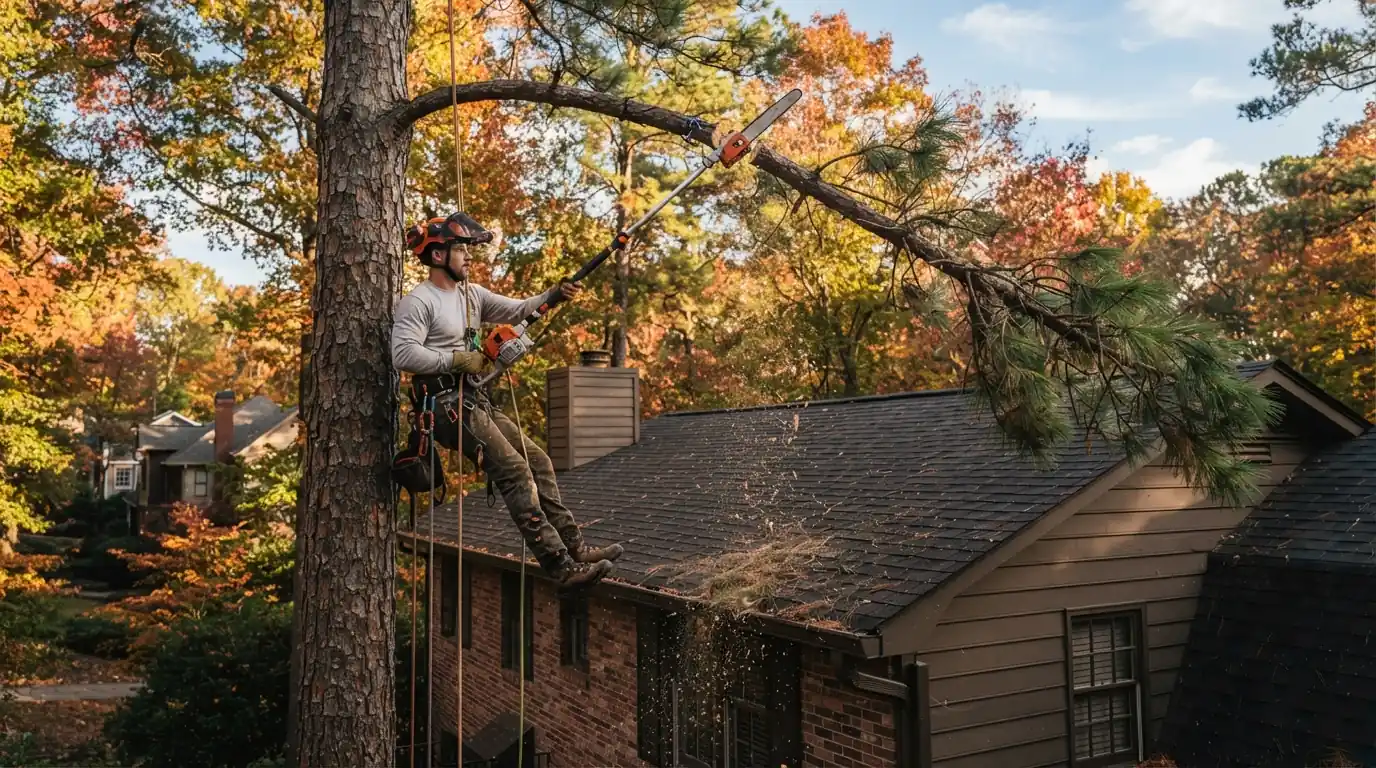 Trimming branches away from an Atlanta roof
