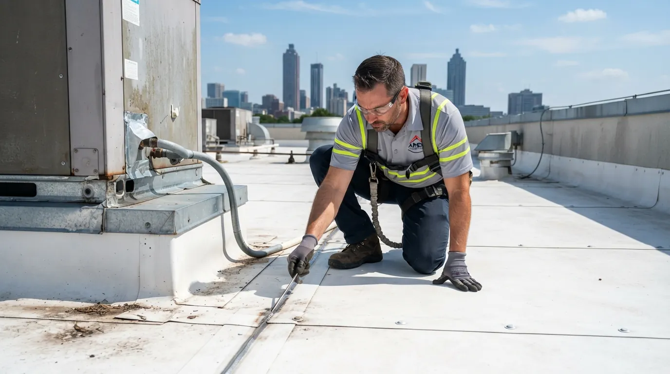 Probing membrane seams on an Atlanta commercial roof