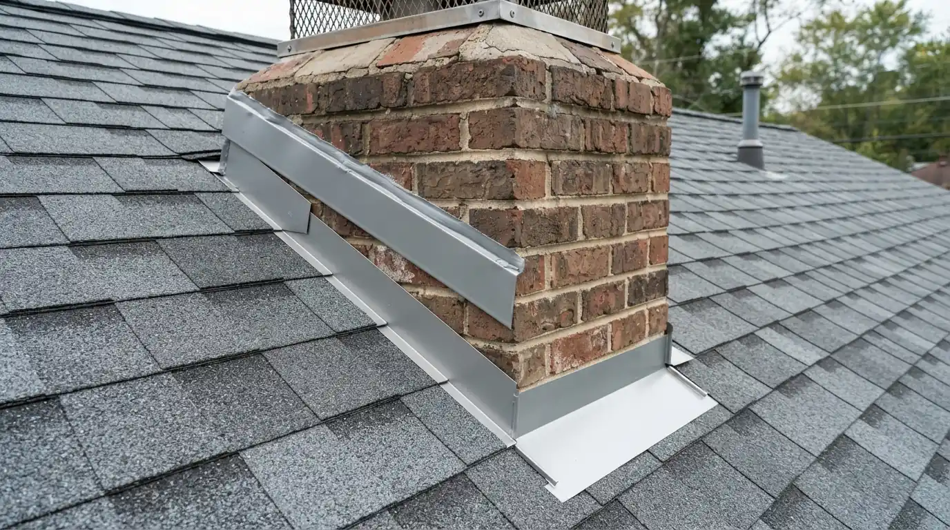 Rebuilt chimney flashing on an Atlanta shingle roof