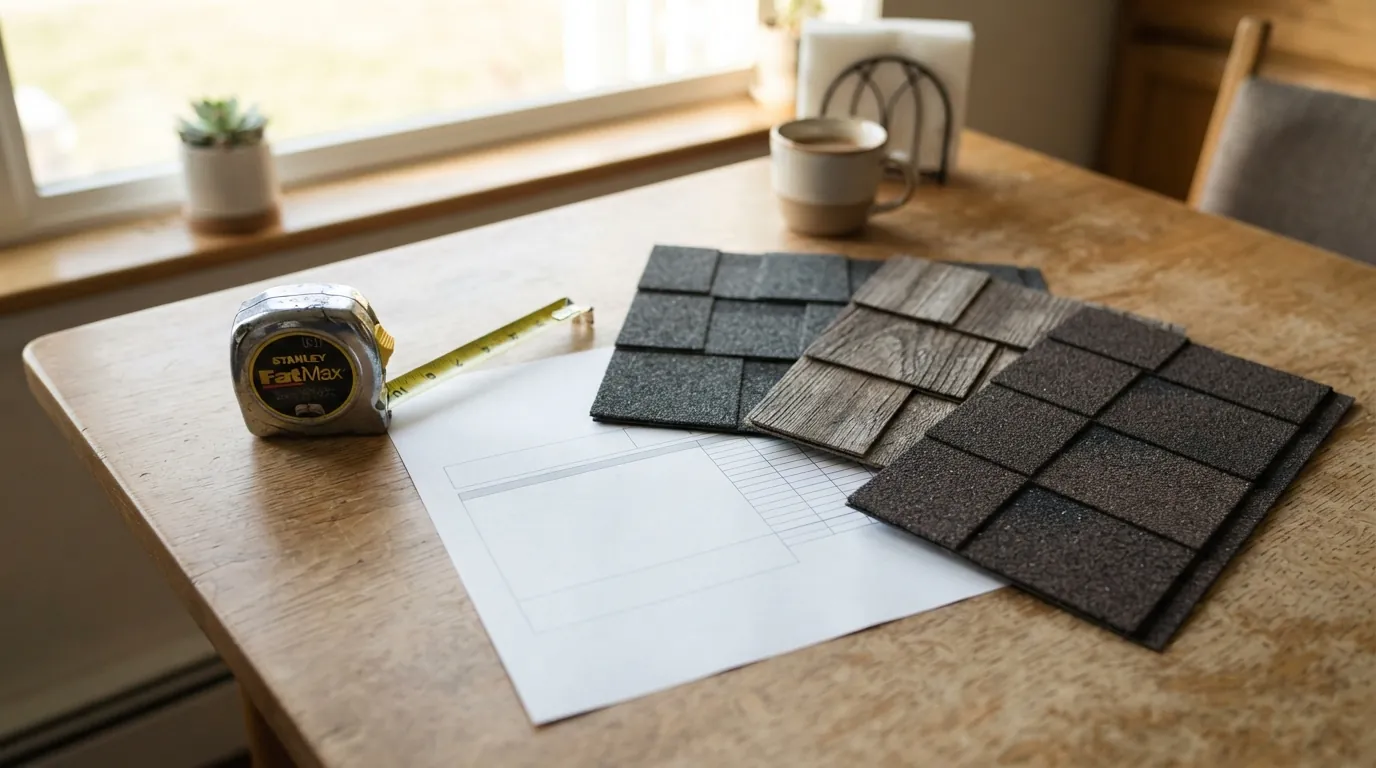 Roofing quote and shingle samples compared at a table