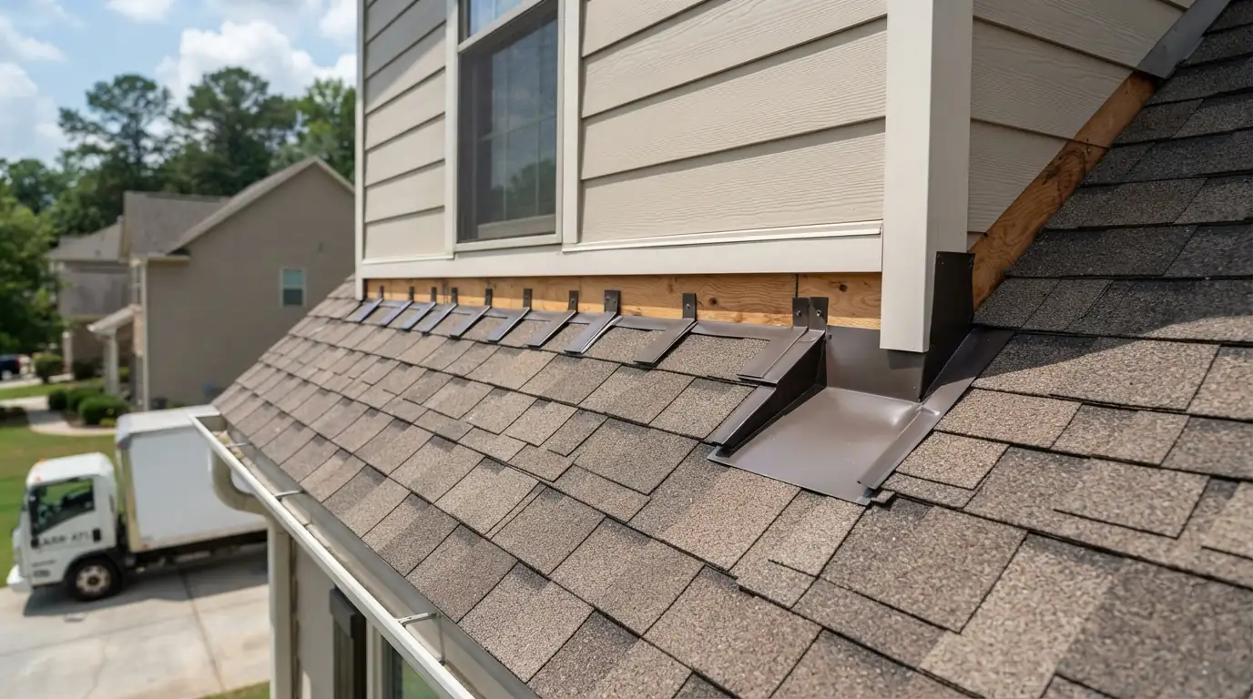 Step flashing and kick-out at an Atlanta roof-to-wall joint