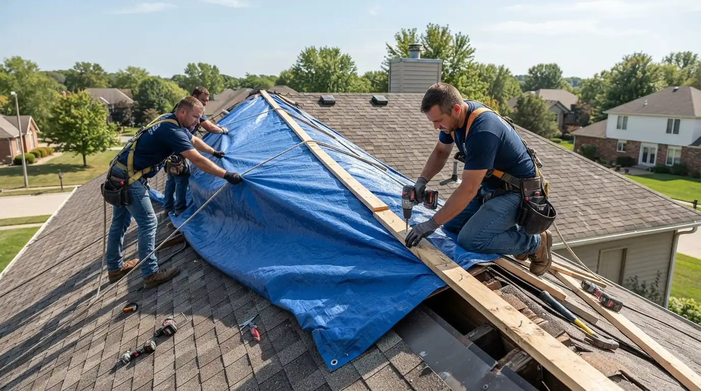 Battened tarp over the ridge after a leak