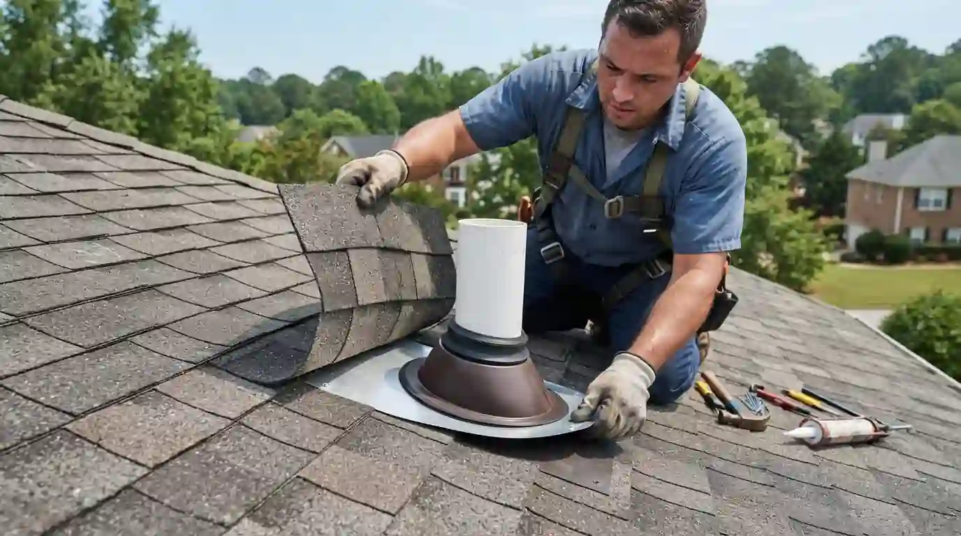 Wind-creased shingle tabs after an Atlanta storm