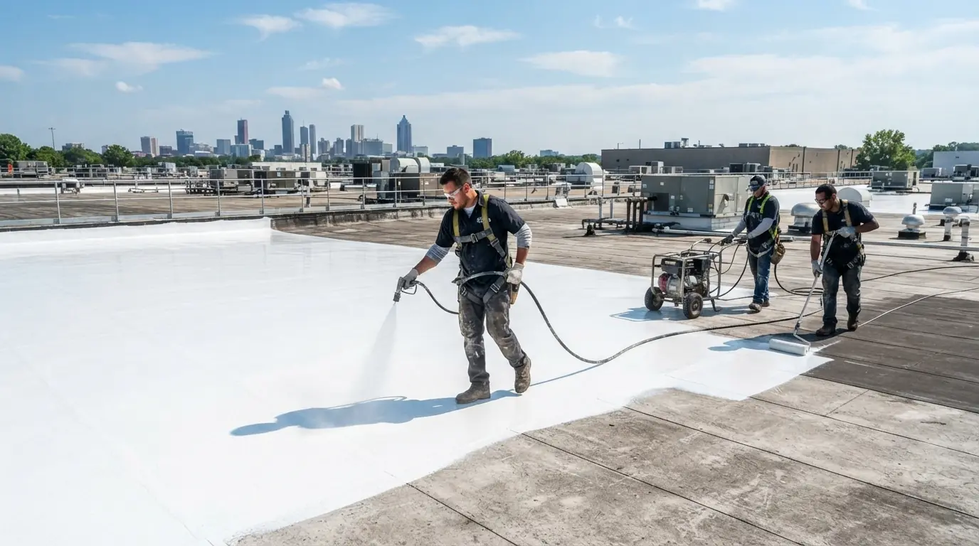 Silicone coating applied to an Atlanta low-slope roof