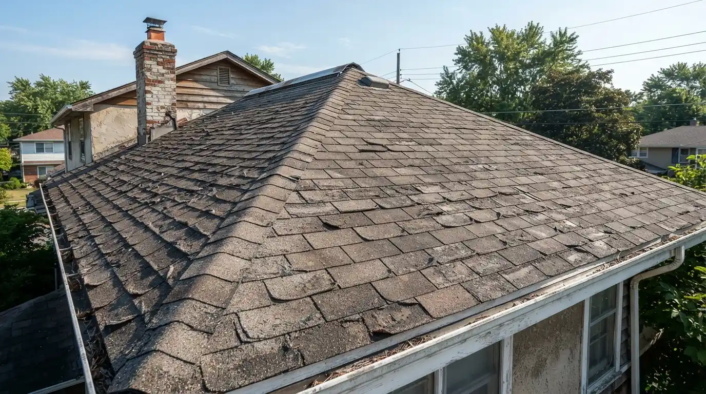 Shingles worn out across an entire slope