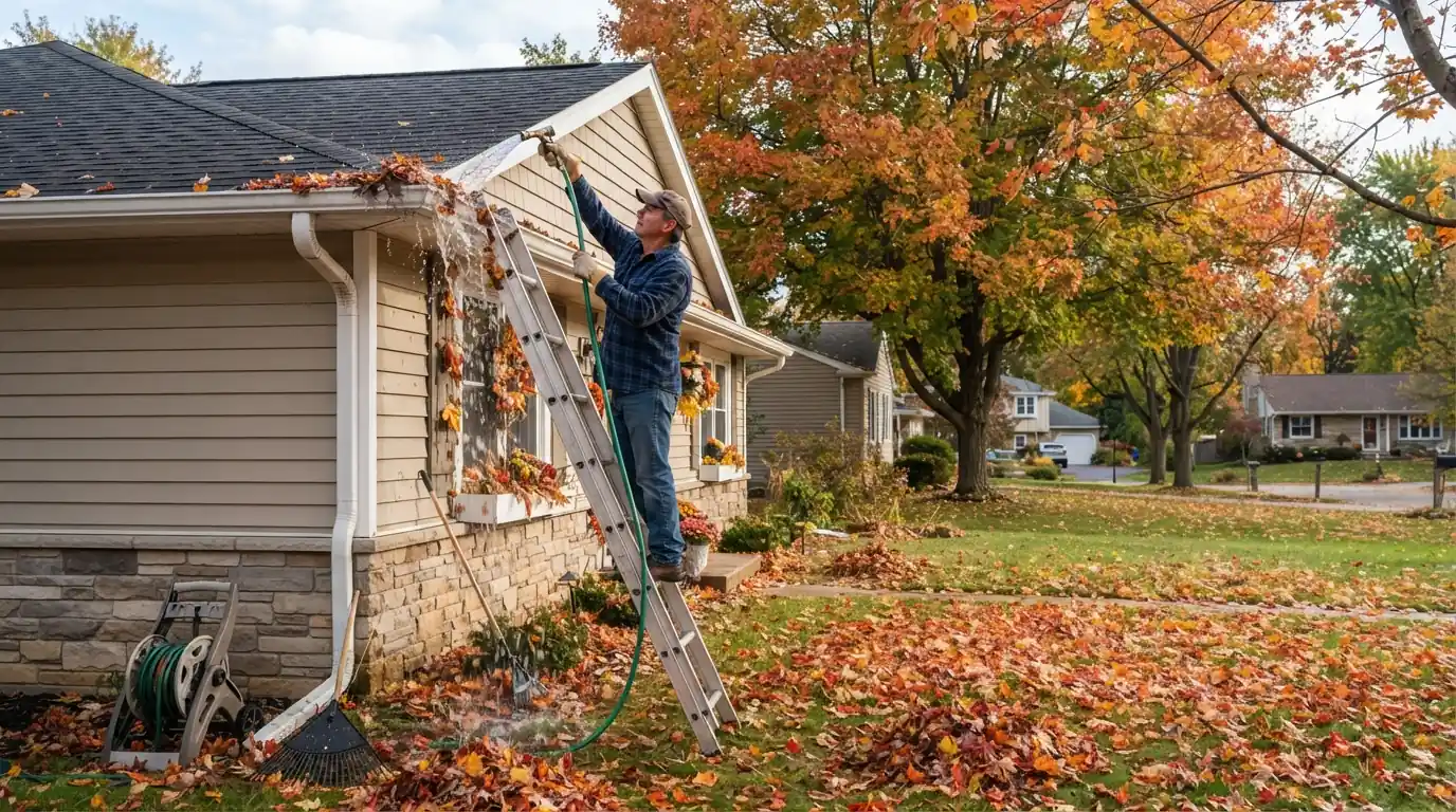 Flushing gutters during fall roof prep